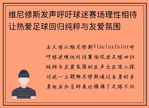 维尼修斯发声呼吁球迷赛场理性相待让热爱足球回归纯粹与友爱氛围